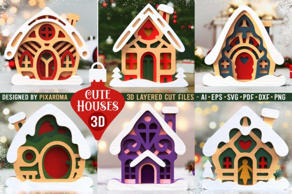 Cute Houses Bundle 3D Layered SVG for Winter Amp